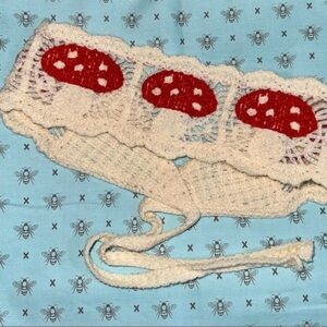 Crochet Mushroom Cottagecore Headband Tieon Ivory Band Red & White Mushrooms